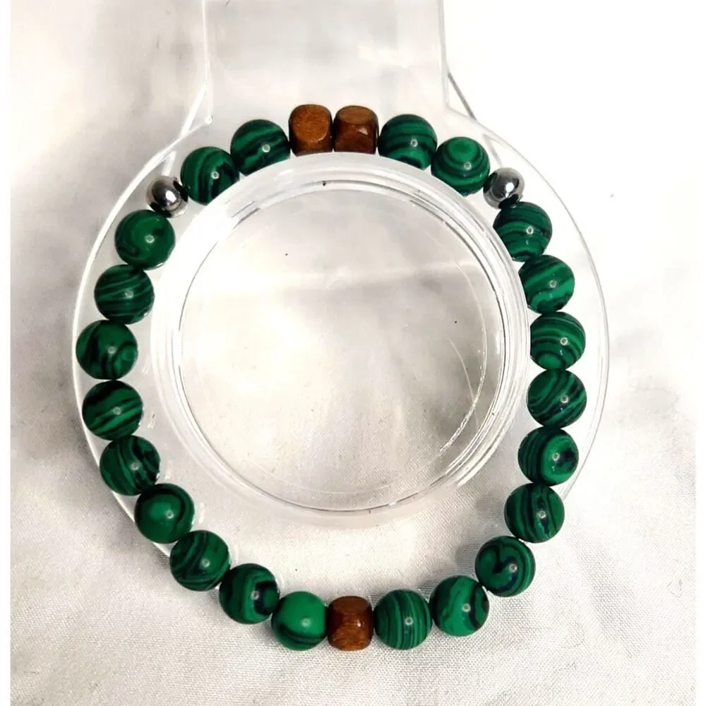 Malachite Natural Gemstone & Wood Beaded Bracelet – Handmade
